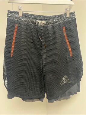 adidas x kolor Black Mesh Layered Athletic Shorts with Oranger Trim